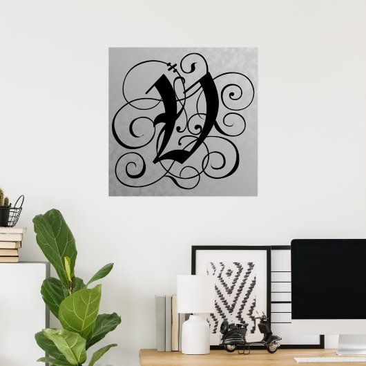 Letter V, Gothic Monogram Black Poster (Thuiskantoor)