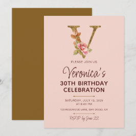 Letter V Gouden Monogram Blush Roze Rozen Kaart