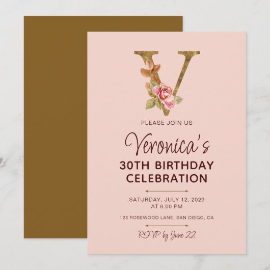 Letter V Gouden Monogram Blush Roze Rozen Kaart (Voorkant / Achterkant)