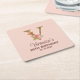 Letter V Gouden Monogram Blush Roze Rozen Kartonnen Onderzetters