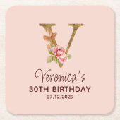Letter V Gouden Monogram Blush Roze Rozen Kartonnen Onderzetters (Voorkant)