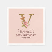Letter V Gouden Monogram Blush Roze Rozen Servet (Voorkant)