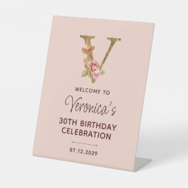 Letter V Gouden Monogram Blush Roze Rozen Teken Reclamebord Met Voetstuk