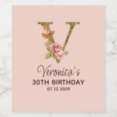 Letter V Gouden Monogram Blush Roze Rozen Wijn Etiket (Enkel label)