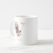 Letter V Gouden Monogram Marsala Witte Bloemen Koffiemok (Voorkant links)