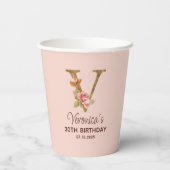 Letter V Gouden Monogram Roze Rozen Papieren Bekers (Achterkant)
