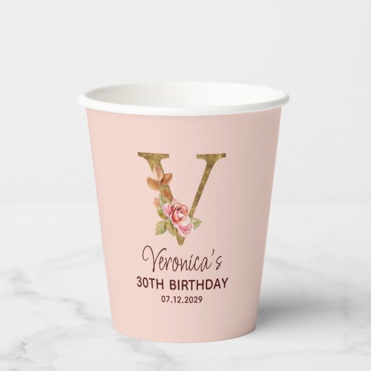 Letter V Gouden Monogram Roze Rozen Papieren Bekers (Voorkant)