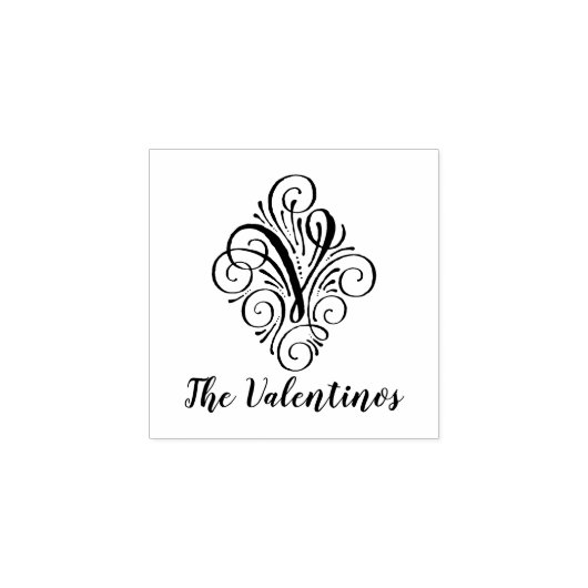 Letter V Initiaal Elegant Flourish Monogram Name Rubberstempel (Afrduk)