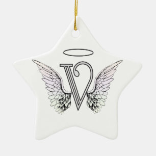Letter V Initiaal Monogram met Angel Wings & Halo Keramisch Ornament