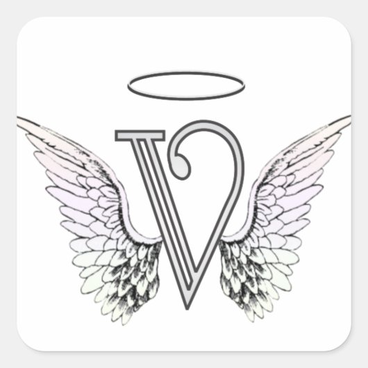Letter V Initiaal Monogram met Angel Wings & Halo Vierkante Sticker (Voorkant)