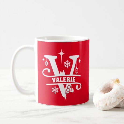 Letter V Kerstmonogram Initiaal Naam Rood Koffiemok (Met donut)