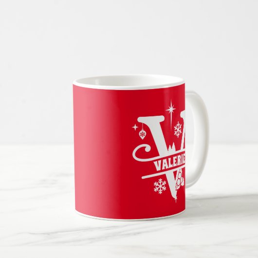 Letter V Kerstmonogram Initiaal Naam Rood Koffiemok (Voorkant rechts)