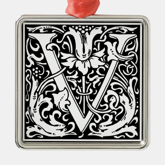 Letter V Medieval Monogram  Initiaal Metalen Ornament (Voorkant)