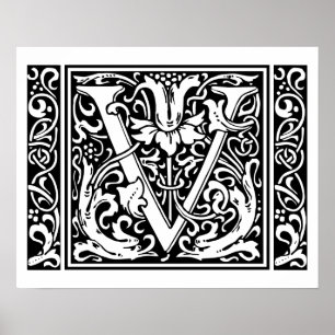 Letter V Medieval Monogram  Initiaal Poster