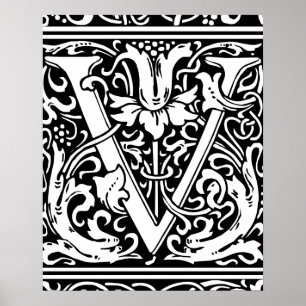 Letter V Medieval Monogram  Initiaal Poster