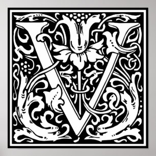 Letter V Medieval Monogram  Initiaal Poster