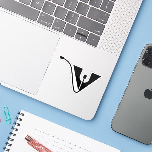 Letter V met Muis Sticker (Laptop met iPhone)