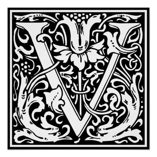 Letter V Middeleeuwse Monogram Art Nouveau Perfect Poster (Voorkant)