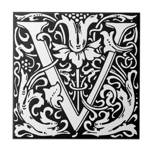 Letter V Middeleeuwse Monogram Art Nouveau Tegeltje (Voorkant)
