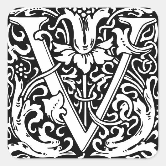 Letter V Middeleeuwse Monogram Art Nouveau Vierkante Sticker (Voorkant)