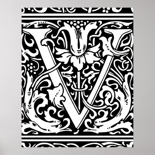 Letter V Middeleeuwse Monogram Vintage Initiaal Poster (Voorkant)