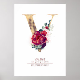 Letter V Monogram Bloem Burgundyrood en Goud Poster