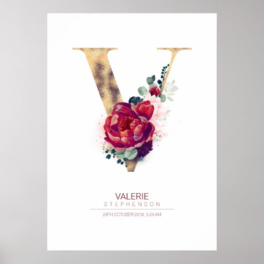 Letter V Monogram Bloem Burgundyrood en Goud Poster (Voorkant)