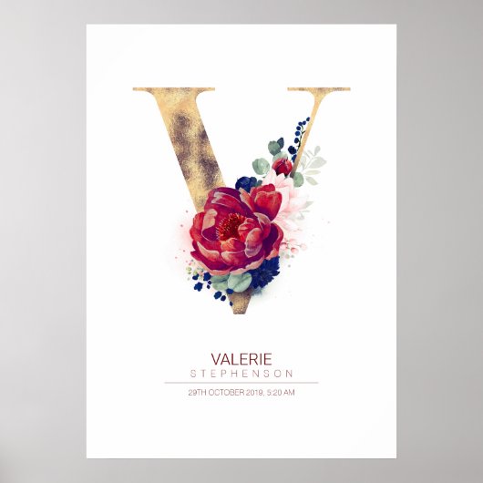 Letter V Monogram Bloemendesign Navyblauw en Burgu Poster (Voorkant)