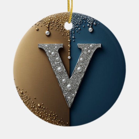 Letter V Monogram Met Diamanten Parels Keramisch Ornament (Voorkant)