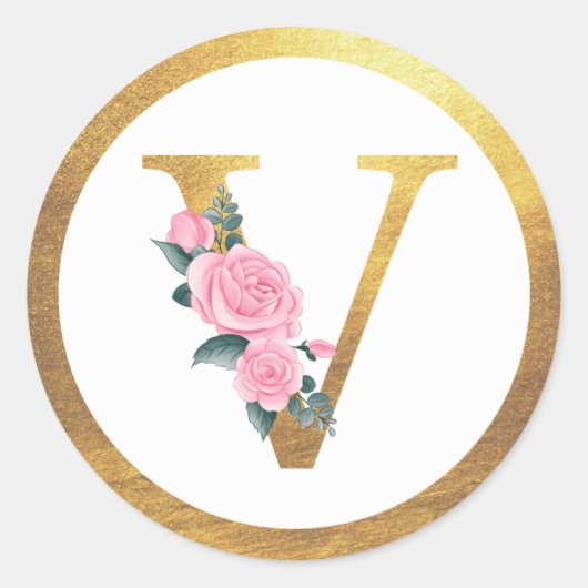 Letter V Monogram Roze Rozen Bloemen & Elegant Gou Ronde Sticker (Voorkant)