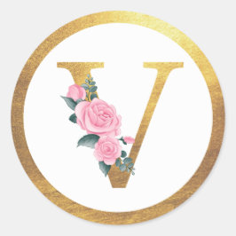 Letter V Monogram Roze Rozen Bloemen & Elegant Gou Ronde Sticker