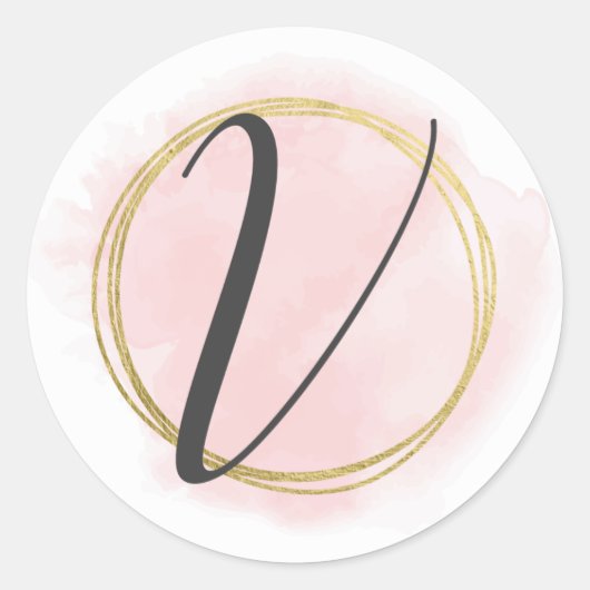 Letter V Monogram Roze Waterverf Goud Chic Ronde Sticker (Voorkant)
