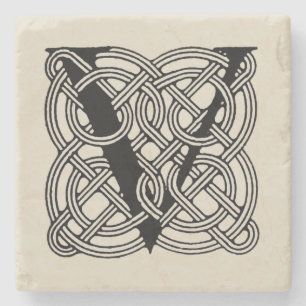 Letter V Monogram Vintage Keltische Knoopprint Stenen Onderzetter