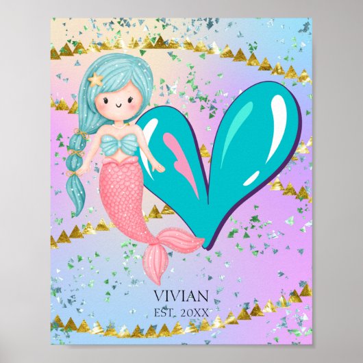 Letter V Monogram Waterverf Cute Mermaid Nursery Poster (Voorkant)