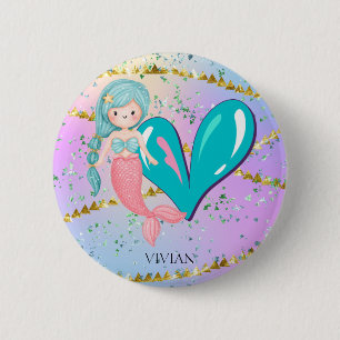 Letter V Monogram Waterverf Cute Mermaid Nursery Ronde Button 5,7 Cm