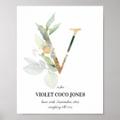 Letter V New Baby Monogram Birth Print Greenery (Voorkant)