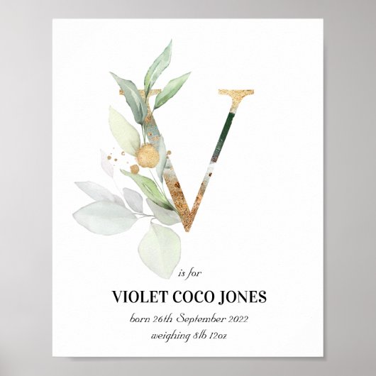 Letter V New Baby Monogram Birth Print Greenery (Voorkant)