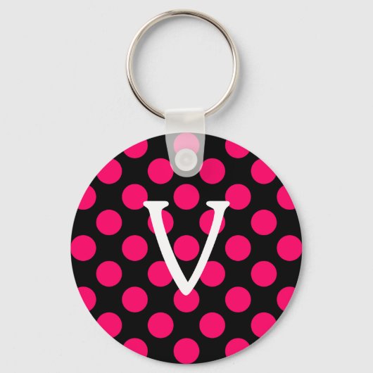 Letter V op Black Pink Polka Dots Sleutelhanger (Voorkant)