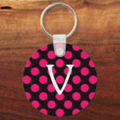 Letter V op Black Pink Polka Dots Sleutelhanger (Voorkant)