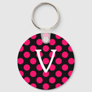 Letter V op zwarte roze polka stippen Sleutelhanger