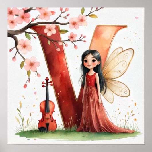 Letter V Violin Fairy Poster -Alphabet Art (Voorkant)