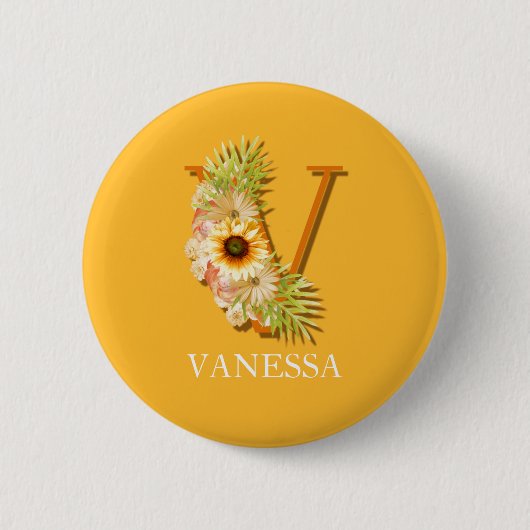 Letter V Zonnebloem Bloemige Monogram met Naam Ronde Button 5,7 Cm (Voorkant)