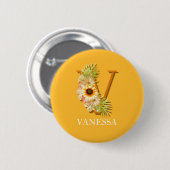 Letter V Zonnebloem Bloemige Monogram met Naam Ronde Button 5,7 Cm (Voorkant /achterkant)
