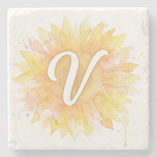 Letter V Zonnebloem Eerste Naam Monogram Initiaal Stenen Onderzetter