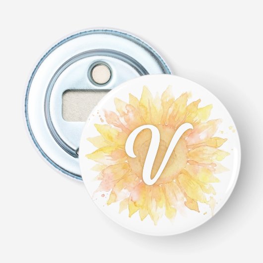 Letter V Zonnebloem Voornaam Monogram Initiaal  Button Flesopener (Voorkant)