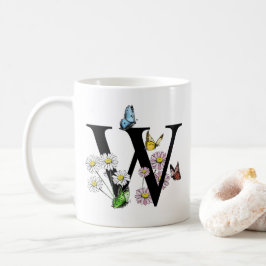 Letter W Bloem- en Vlinder Monogram Initiaal   Koffiemok