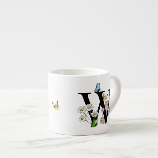 Letter W Bloem Vlinder Monogram Initiaal Espresso Kop (Voorkant rechts)