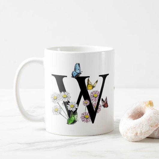 Letter W Bloemige Vlinder Monogram Initiaal Koffiemok (Met donut)