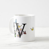 Letter W Bloemige Vlinder Monogram Initiaal Koffiemok (Voorkant links)
