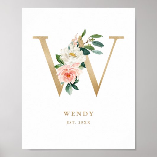 Letter W Blush Floral Monogram Gold Foil Nursery Poster (Voorkant)
